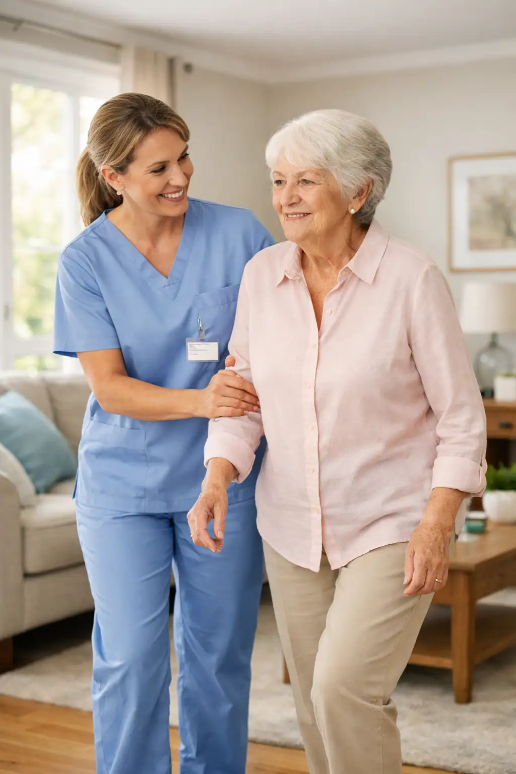 Physical therapist helping an older adult walk safely at home